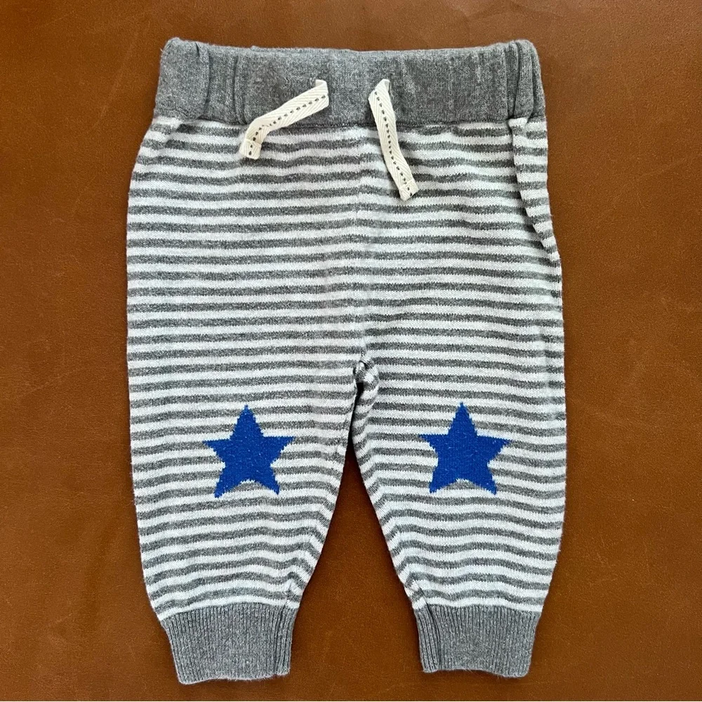 GAP Baby Gray Striped and Blue Star Knit Cotton Joggers, 3-6mo